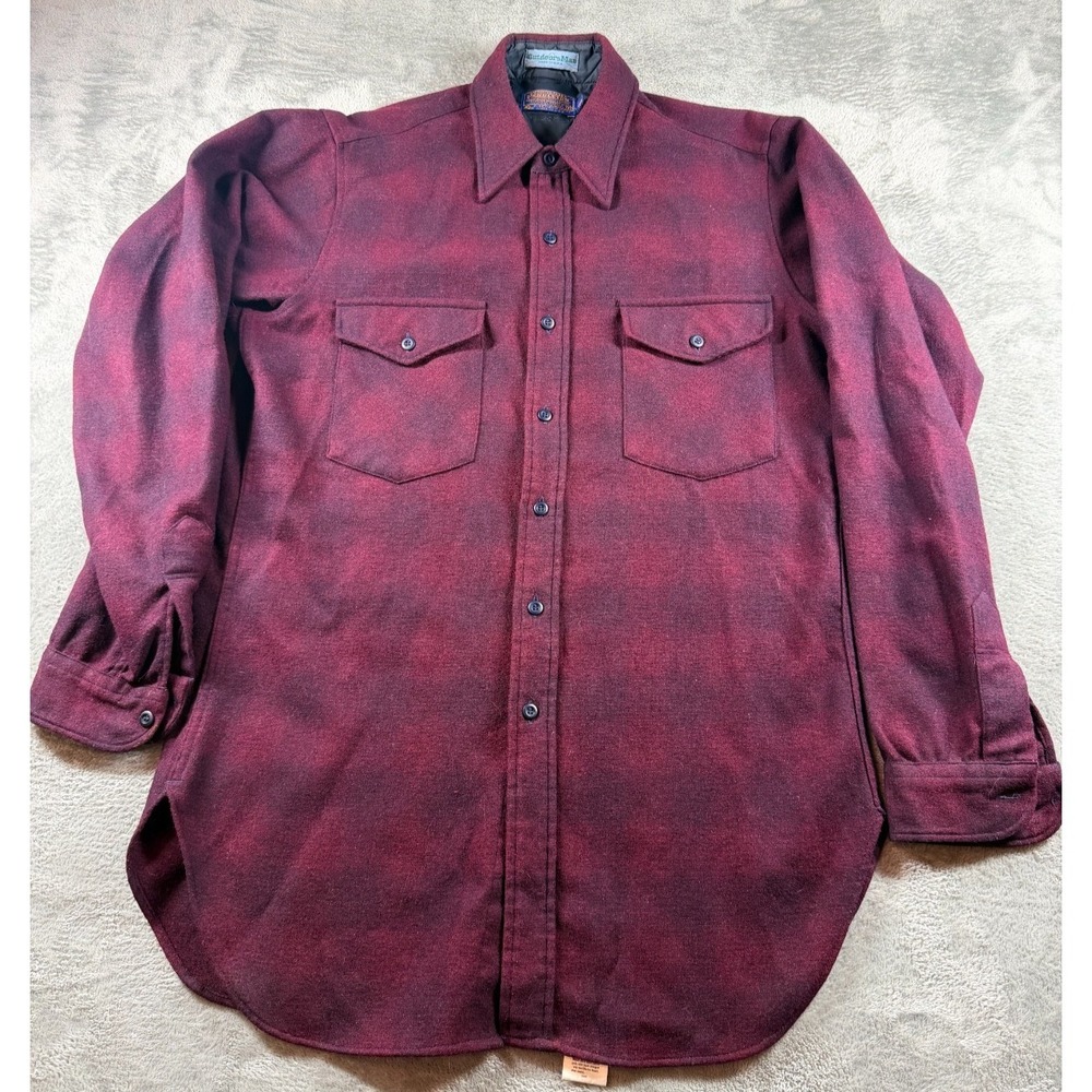 Vtg Pendleton Outdoors Man Wool Shirt Men M Long Burgundy USA Flannel